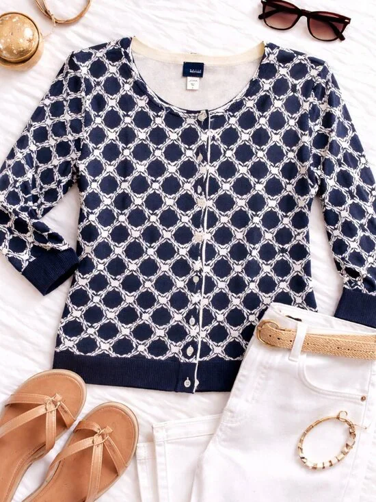 Navy & White Patterned Cardigan – Size L - Picture 1 of 4